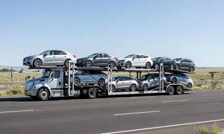 Multi-level car carrier on the highway to Klamath Falls, Oregon, United States