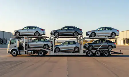 Car transporter parked in an industrial area of Klamath Falls, Oregon, United States