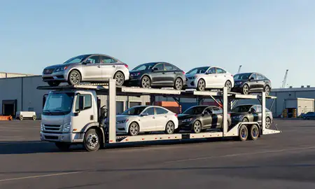 Car transporter loaded with vehicles in Klamath Falls, Oregon, United States