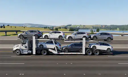 Multi-level car carrier on the highway to Lake Oswego, Oregon, United States