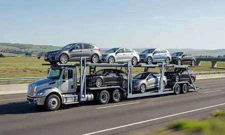 Multi-level car carrier on the highway to McMinnville, Oregon, United States