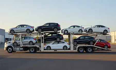 Car transporter parked in an industrial area of McMinnville, Oregon, United States