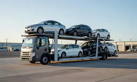 Car transporter loaded with vehicles in McMinnville, Oregon, United States