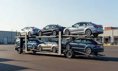 Car transporter loaded with vehicles in Medford, Oregon, United States