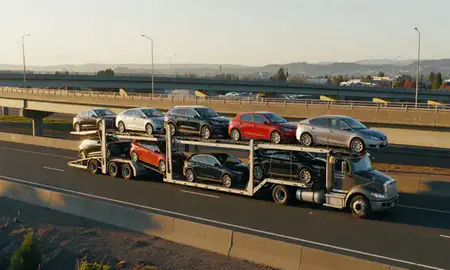 Car transporter with the Medford, Oregon, United States skyline behind it