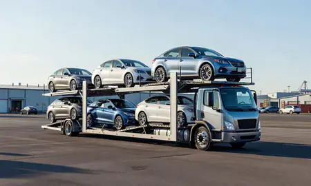 Car transporter loaded with vehicles in Newberg, Oregon, United States