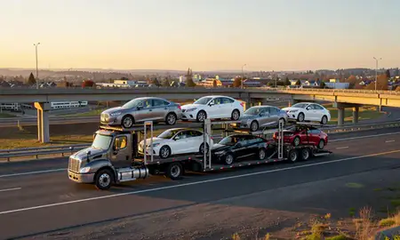 Car transporter with the Newberg, Oregon, United States skyline behind it