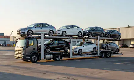 Car transporter loaded with vehicles in Oregon City, Oregon, United States