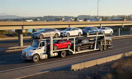 Car transporter with the Oregon City, Oregon, United States skyline behind it
