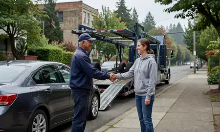 Vehicle owner beside their delivered car in Portland, Oregon, United States