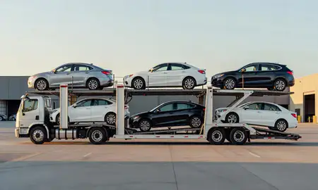 Car transporter parked in an industrial area of Portland, Oregon, United States