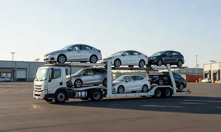 Car transporter loaded with vehicles in Portland, Oregon, United States