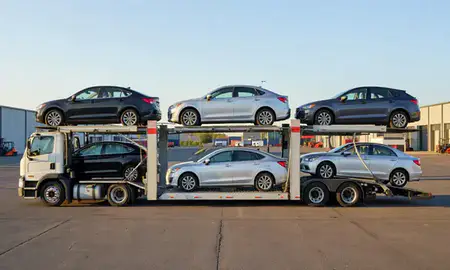 Car transporter parked in an industrial area of Redmond, Oregon, United States