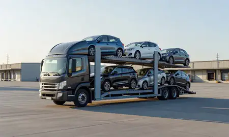 Car transporter loaded with vehicles in Redmond, Oregon, United States