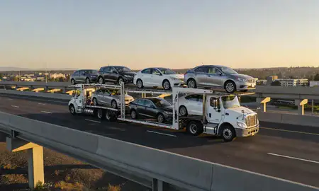 Car transporter with the Redmond, Oregon, United States skyline behind it