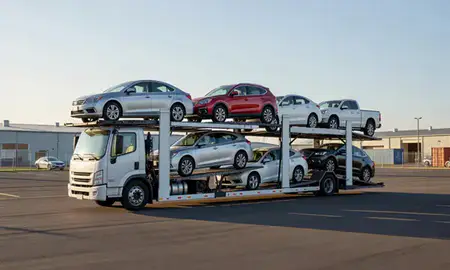 Car transporter loaded with vehicles in Roseburg, Oregon, United States
