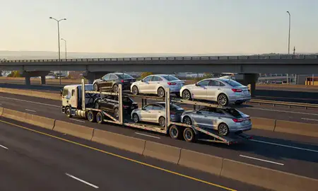 Car transporter with the Roseburg, Oregon, United States skyline behind it