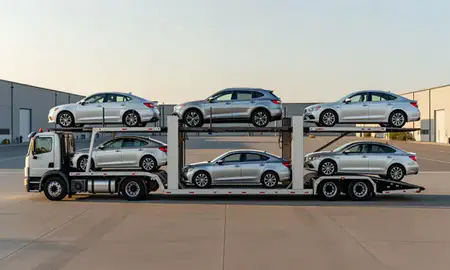 Car transporter parked in an industrial area of Salem, Oregon, United States