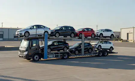 Car transporter loaded with vehicles in Salem, Oregon, United States
