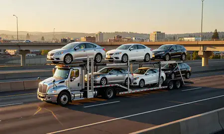 Car transporter with the Salem, Oregon, United States skyline behind it