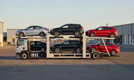Car transporter loaded with vehicles in Springfield, Oregon, United States