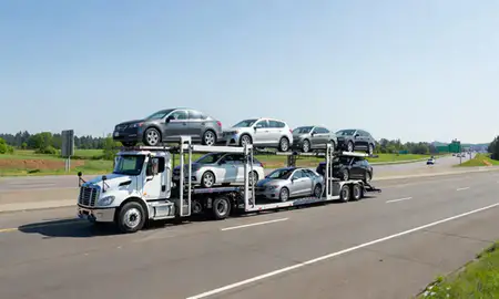 Multi-level car carrier on the highway to Tualatin, Oregon, United States