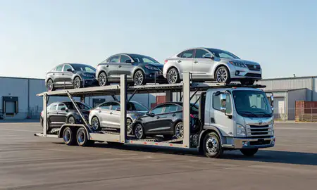 Car transporter loaded with vehicles in Tualatin, Oregon, United States