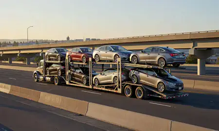 Car transporter with the Tualatin, Oregon, United States skyline behind it
