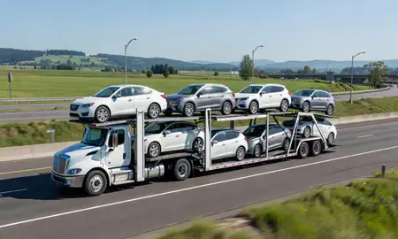 Multi-level car carrier on the highway to West Linn, Oregon, United States