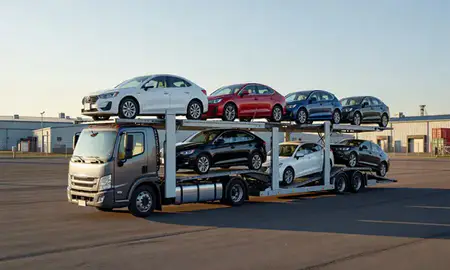 Car transporter loaded with vehicles in West Linn, Oregon, United States