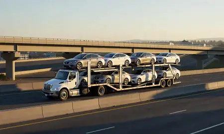 Car transporter with the West Linn, Oregon, United States skyline behind it