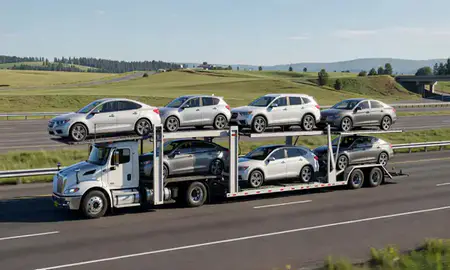 Multi-level car carrier on the highway to Wilsonville, Oregon, United States