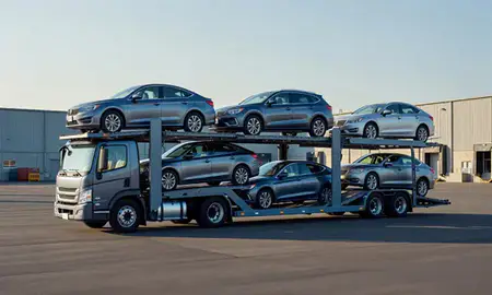 Car transporter loaded with vehicles in Wilsonville, Oregon, United States