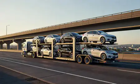 Car transporter with the Wilsonville, Oregon, United States skyline behind it