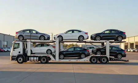 Car transporter parked in an industrial area of Woodburn, Oregon, United States