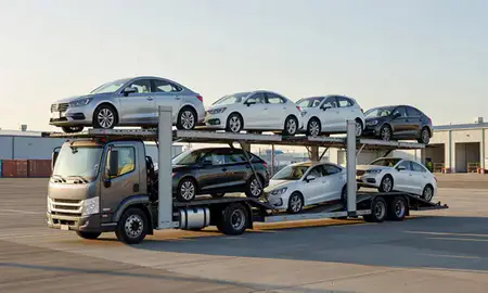 Car transporter loaded with vehicles in Woodburn, Oregon, United States