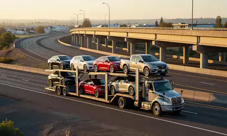 Car transporter with the Woodburn, Oregon, United States skyline behind it