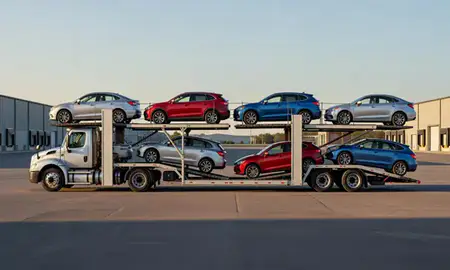 Car transporter parked in an industrial area of Pennsylvania, United States