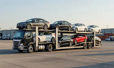 Car transporter loaded with vehicles in Pennsylvania, United States
