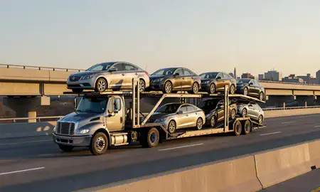 Car transporter with the Pennsylvania, United States skyline behind it