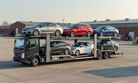 Car transporter loaded with vehicles in Allentown, Pennsylvania, United States