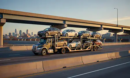 Car transporter with the Allentown, Pennsylvania, United States skyline behind it