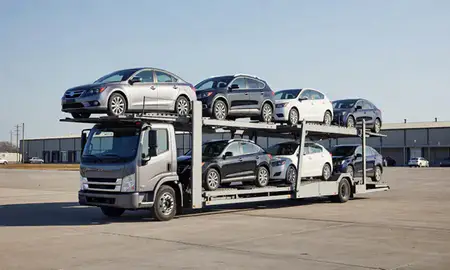 Car transporter loaded with vehicles in Allison Park, Pennsylvania, United States