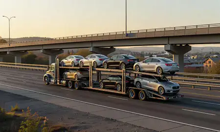 Car transporter with the Allison Park, Pennsylvania, United States skyline behind it