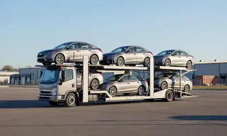 Car transporter loaded with vehicles in Altoona, Pennsylvania, United States