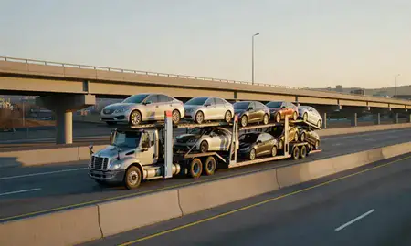 Car transporter with the Altoona, Pennsylvania, United States skyline behind it
