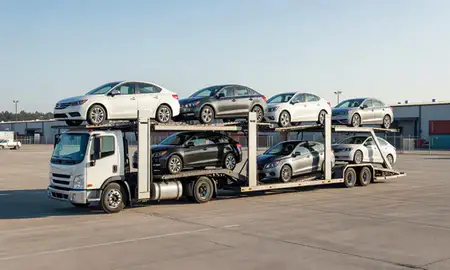 Car transporter loaded with vehicles in Baldwin, Pennsylvania, United States