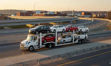 Car transporter with the Baldwin, Pennsylvania, United States skyline behind it