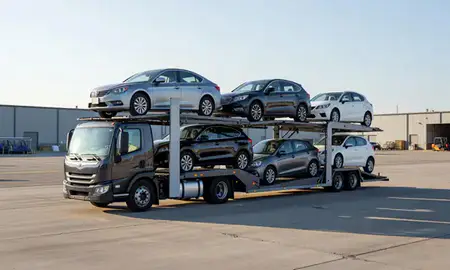 Car transporter loaded with vehicles in Bethel Park, Pennsylvania, United States