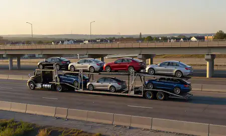 Car transporter with the Bethel Park, Pennsylvania, United States skyline behind it